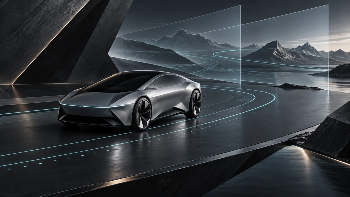 An angular silver vehicle with transparent concept planes and cyan paths