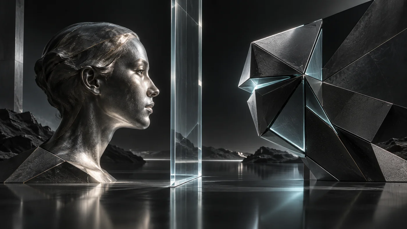 A human profile and an angular dialogue prism separated by glass