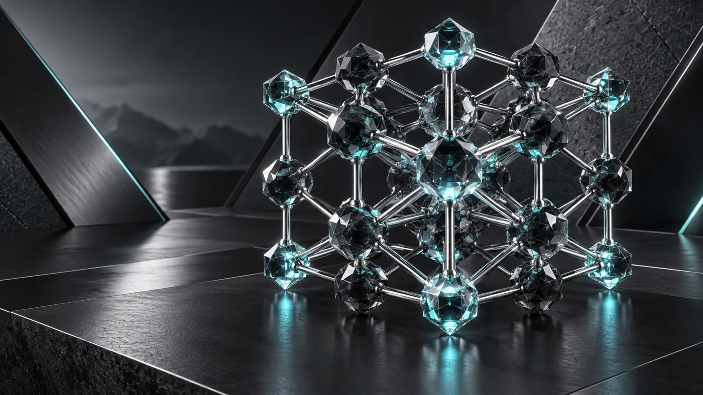 A faceted chrome crystal lattice with one cyan-highlighted structure