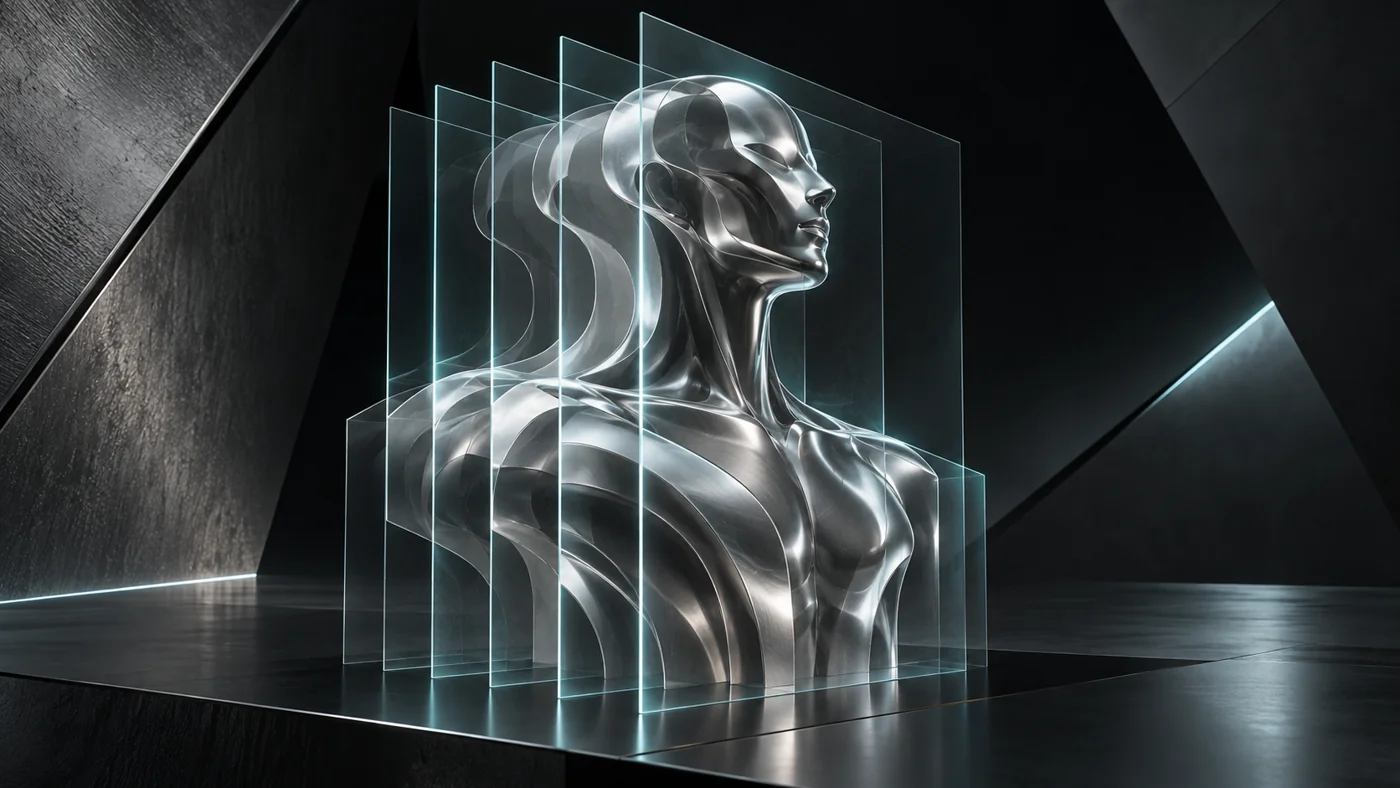 Translucent scan planes aligning around an abstract chrome volume