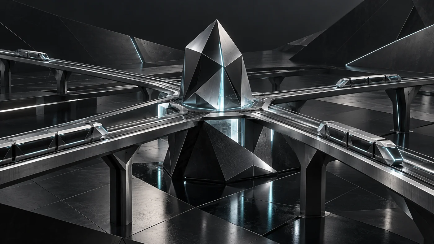 Metallic transit lines surrounding a geometric control hub